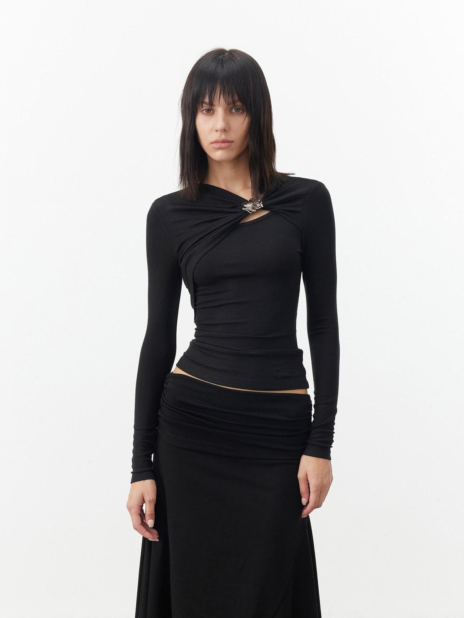 AFTADAWN Black Deconstructed Pleated Cutout Metal Button Women&