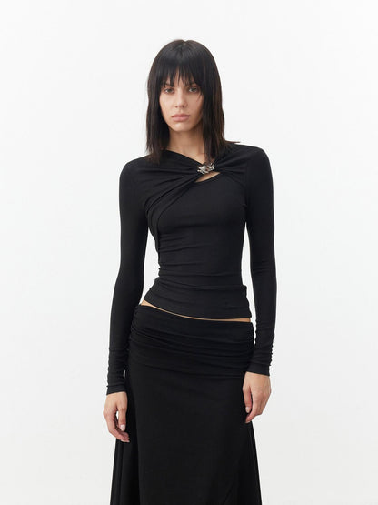 AFTADAWN Black Deconstructed Pleated Cutout Metal Button Women&
