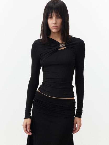 AFTADAWN Black Deconstructed Pleated Cutout Metal Button Women&