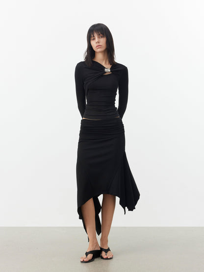 AFTADAWN Black Deconstructed Pleated Cutout Metal Button Women&