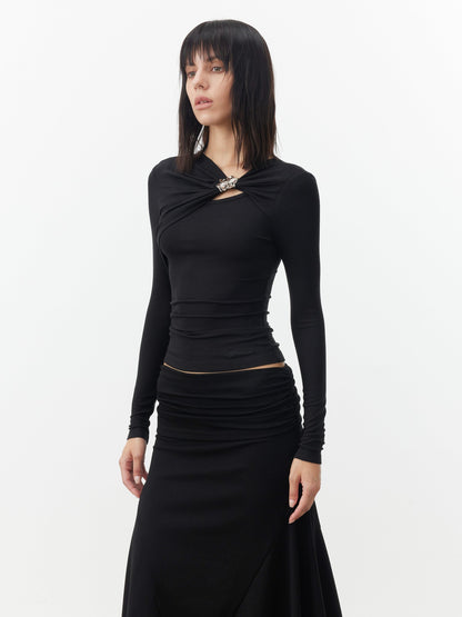 AFTADAWN Black Deconstructed Pleated Cutout Metal Button Women&