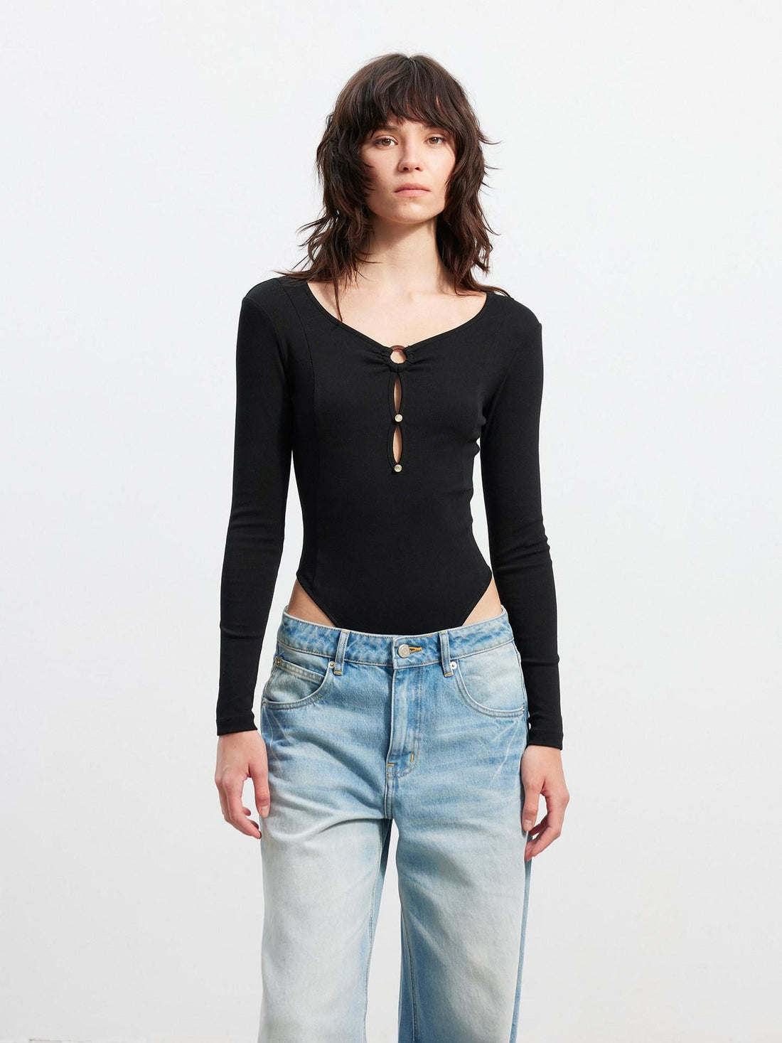 AFTADAWN Black Deep V Cutout Bodysuit Fitted Women&