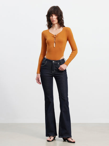 AFTADAWN Black Deep V Cutout Bodysuit Fitted Women&