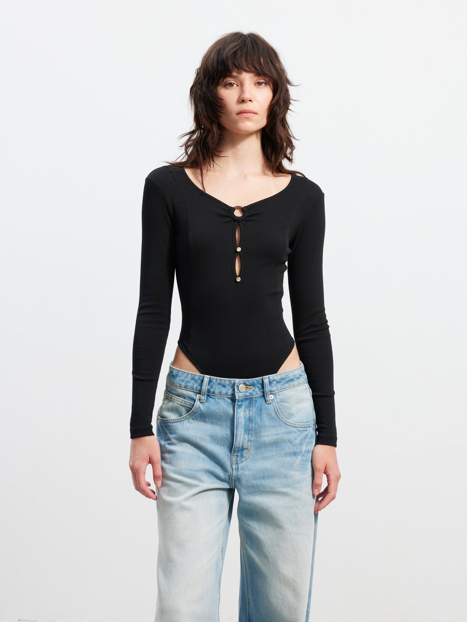 AFTADAWN Black Deep V Cutout Bodysuit Fitted Women&