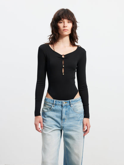AFTADAWN Black Deep V Cutout Bodysuit Fitted Women&