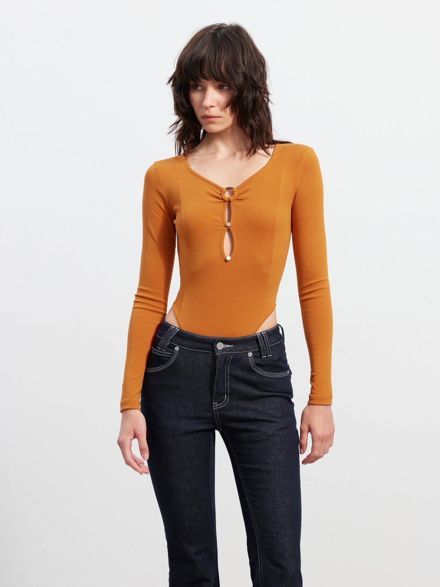 AFTADAWN Black Deep V Cutout Bodysuit Fitted Women&