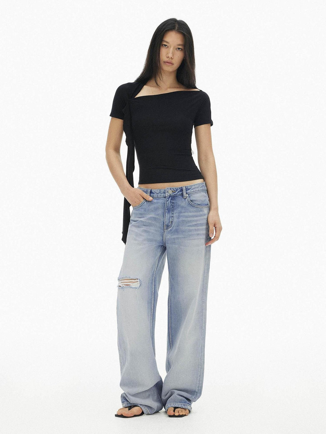 AFTADAWN Black Diagonal Neck Ruffle Tie Slim Women&