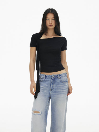 AFTADAWN Black Diagonal Neck Ruffle Tie Slim Women&