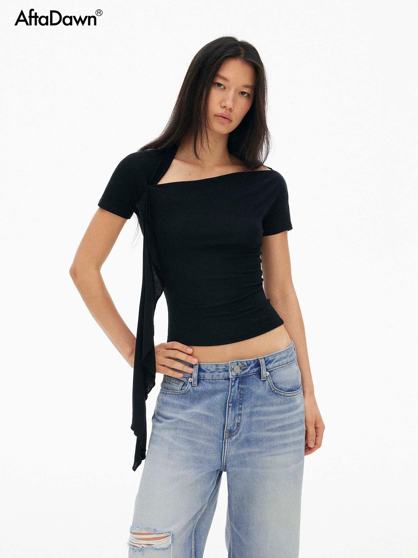 AFTADAWN Black Diagonal Neck Ruffle Tie Slim Women&