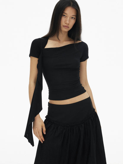AFTADAWN Black Diagonal Neck Ruffle Tie Slim Women&