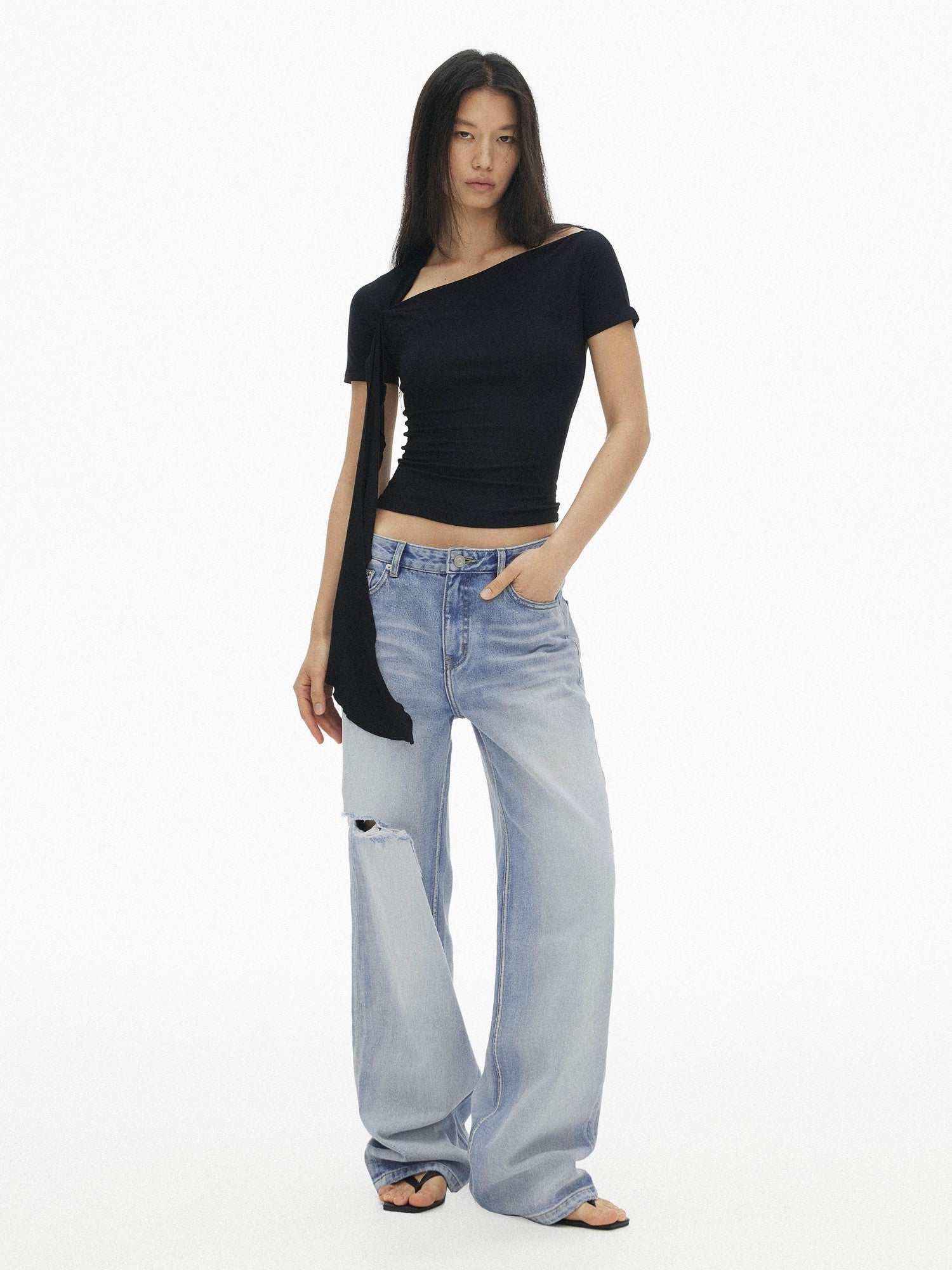 AFTADAWN Black Diagonal Neck Ruffle Tie Slim Women&