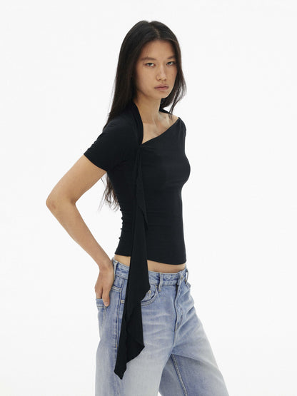 AFTADAWN Black Diagonal Neck Ruffle Tie Slim Women&