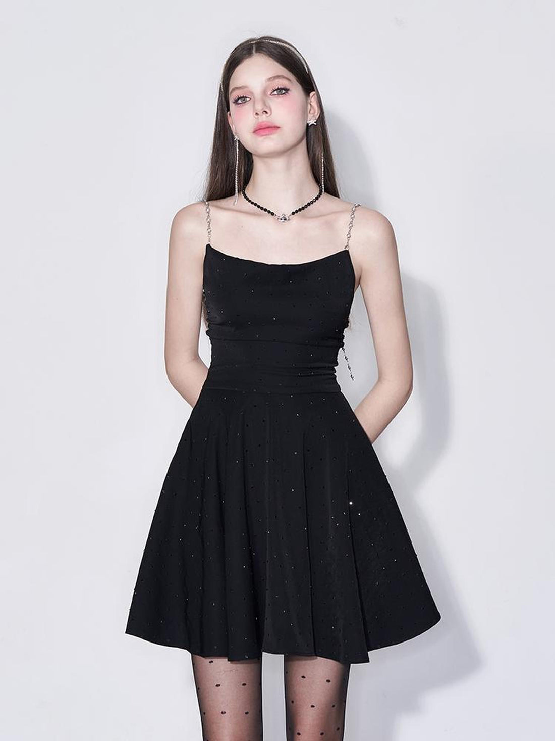 Black Diamond Pearl Strap Silk Slip Dress V-neck T-shirt Long-Sleeve