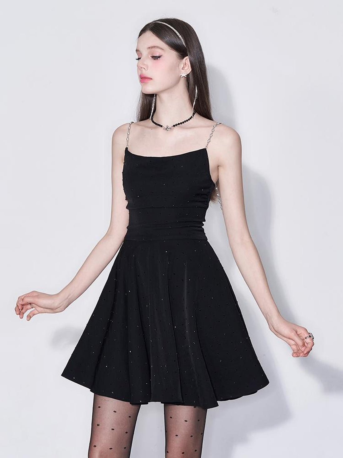 Black Diamond Pearl Strap Silk Slip Dress V-neck T-shirt Long-Sleeve