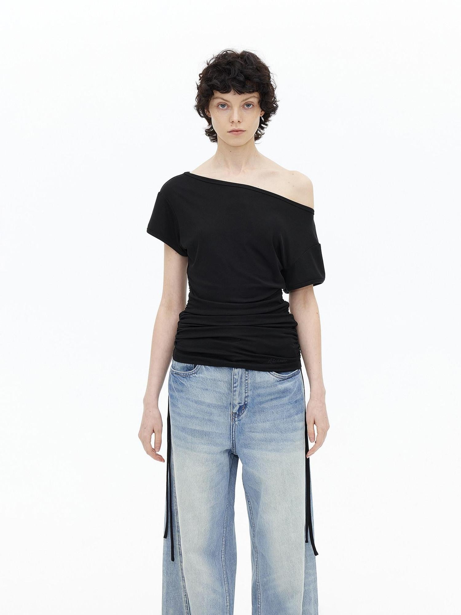AFTADAWN Black Drawstring Asymmetrical Slim Women&