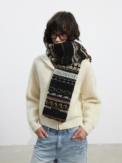 AFTADAWN Black Geometric Jacquard Faux Lamb Fleece Women&