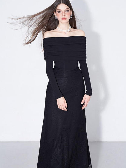 AFTADAWN Black Lace Boned V Waist One Shoulder Women&