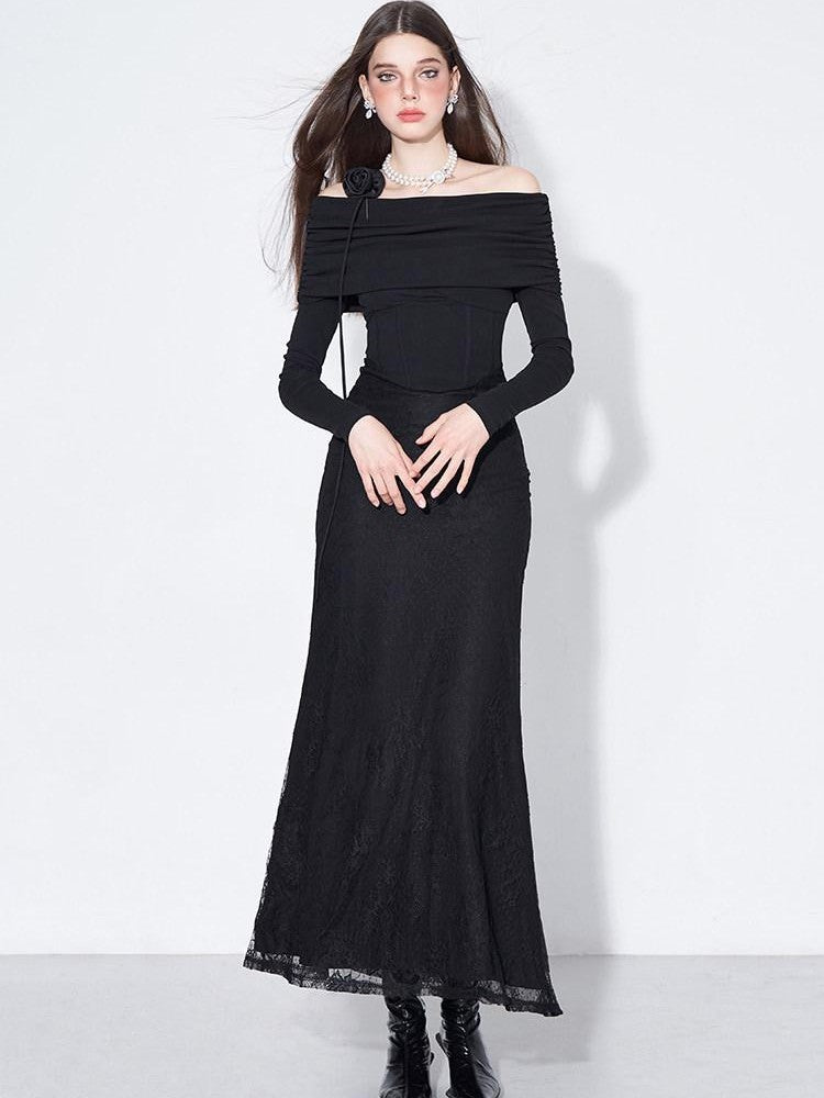 AFTADAWN Black Lace Boned V Waist One Shoulder Women&