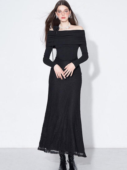 AFTADAWN Black Lace Boned V Waist One Shoulder Women&