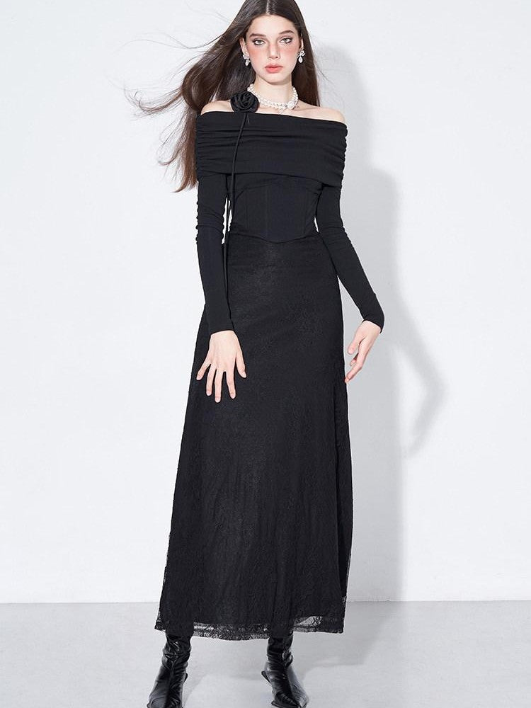 AFTADAWN Black Lace Boned V Waist One Shoulder Women&