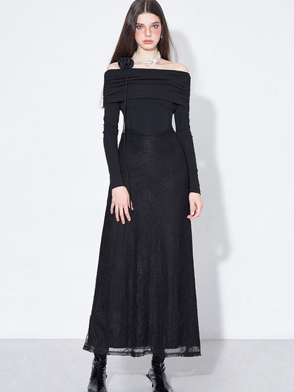 AFTADAWN Black Lace Boned V Waist One Shoulder Women&
