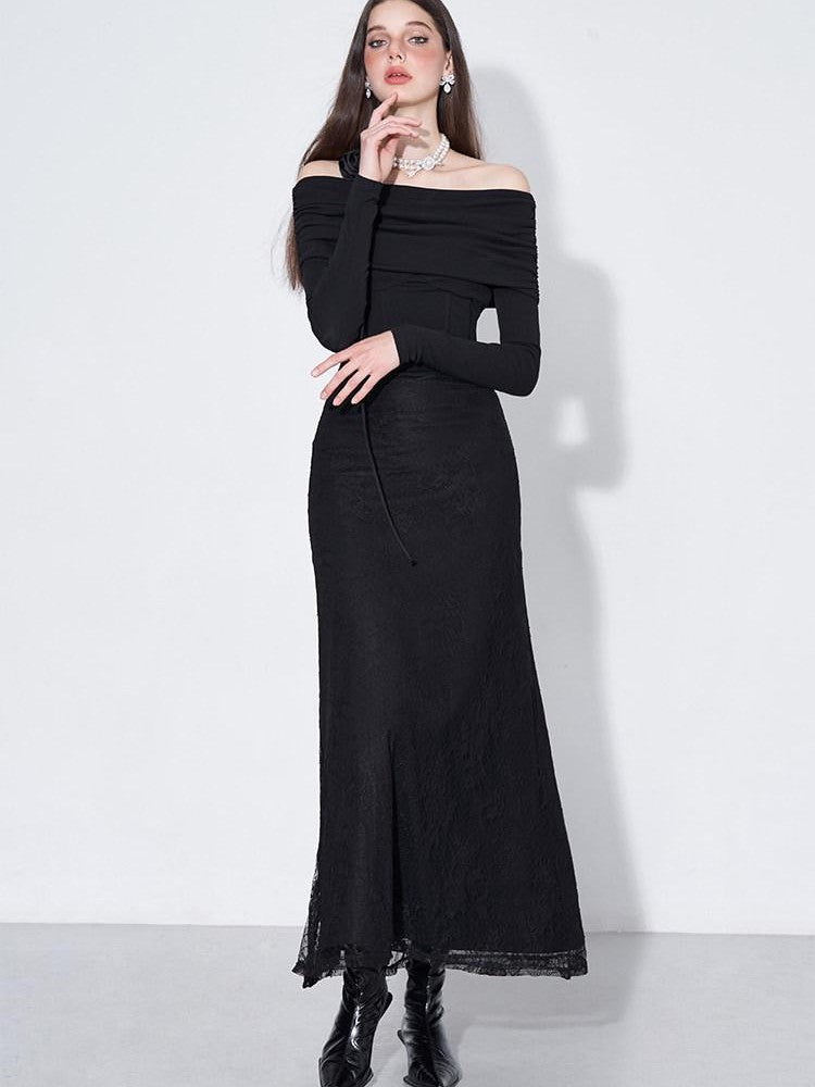 AFTADAWN Black Lace Boned V Waist One Shoulder Women&