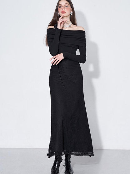 AFTADAWN Black Lace Boned V Waist One Shoulder Women&