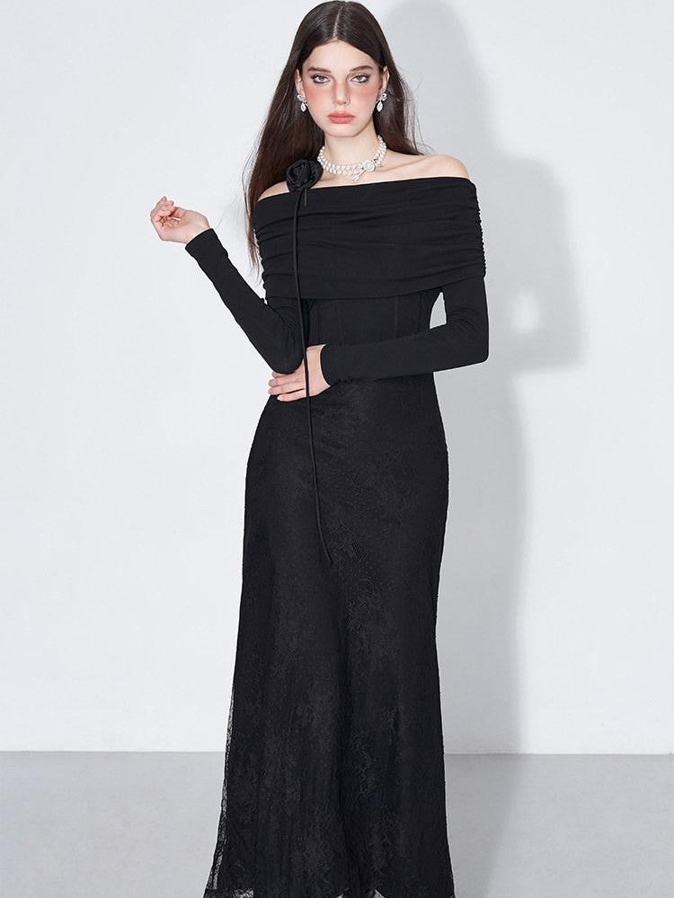 AFTADAWN Black Lace Boned V Waist One Shoulder Women&