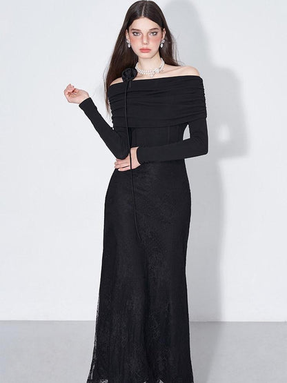 AFTADAWN Black Lace Boned V Waist One Shoulder Women&