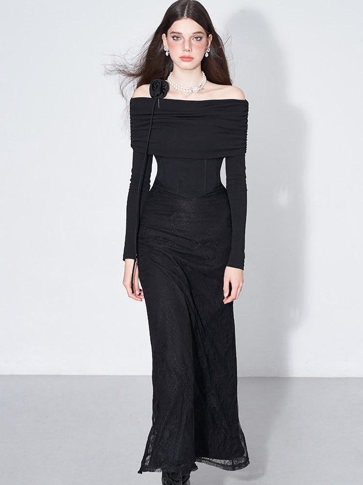 AFTADAWN Black Lace Boned V Waist One Shoulder Women&