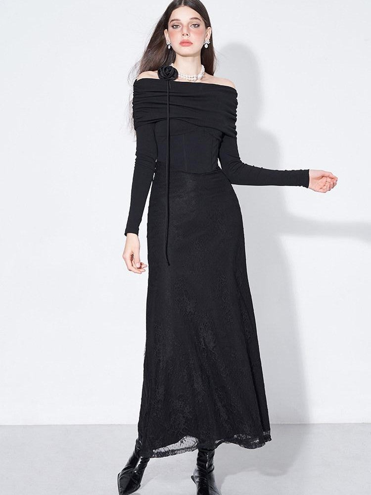 AFTADAWN Black Lace Boned V Waist One Shoulder Women&
