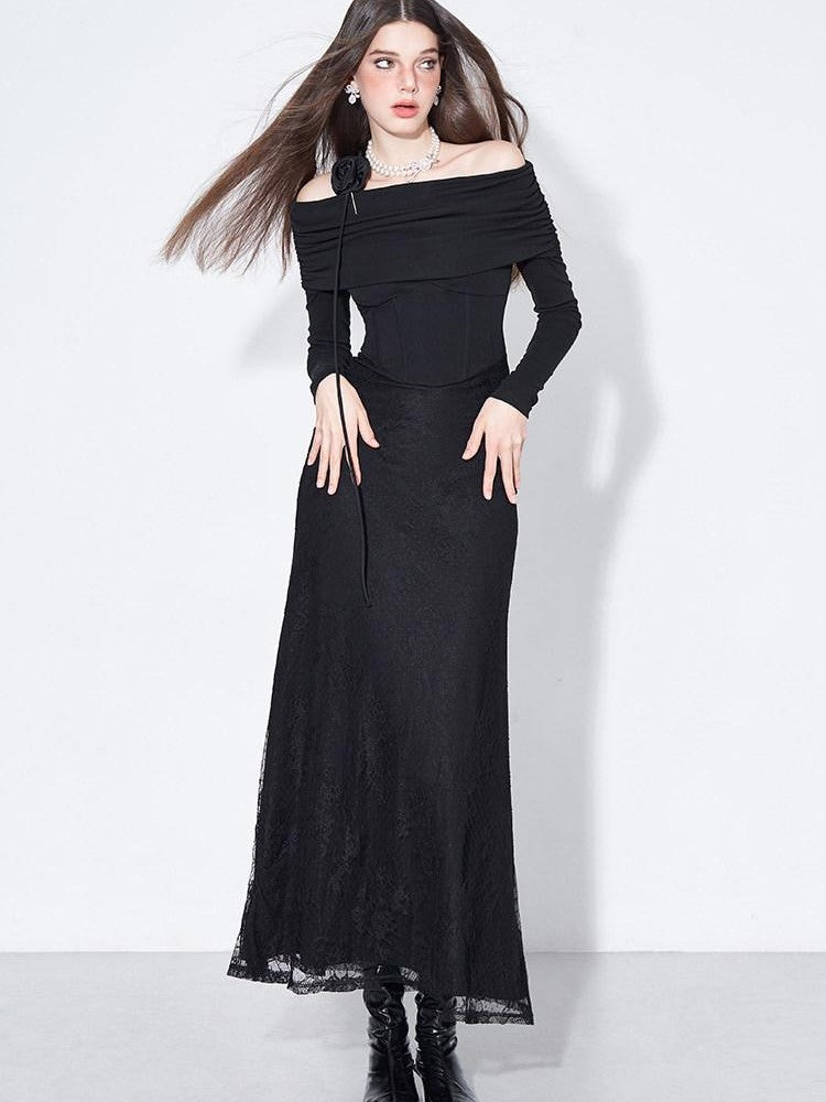 AFTADAWN Black Lace Boned V Waist One Shoulder Women&