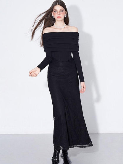 AFTADAWN Black Lace Boned V Waist One Shoulder Women&