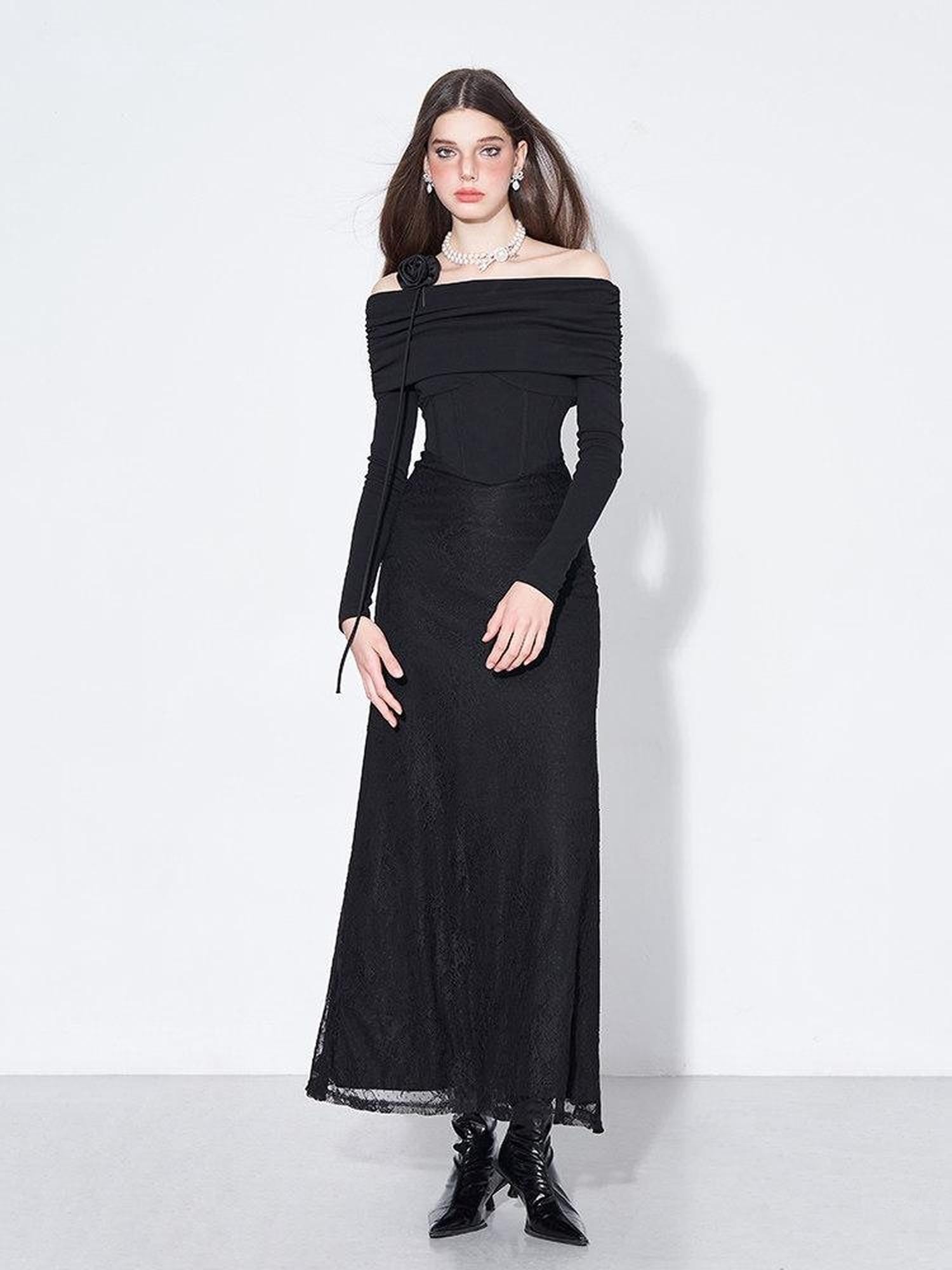 AFTADAWN Black Lace Boned V Waist One Shoulder Women&