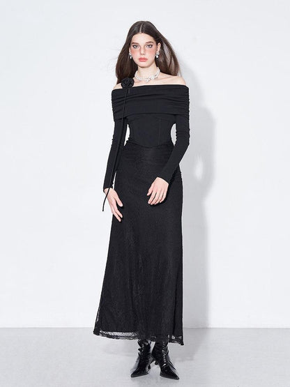 AFTADAWN Black Lace Boned V Waist One Shoulder Women&