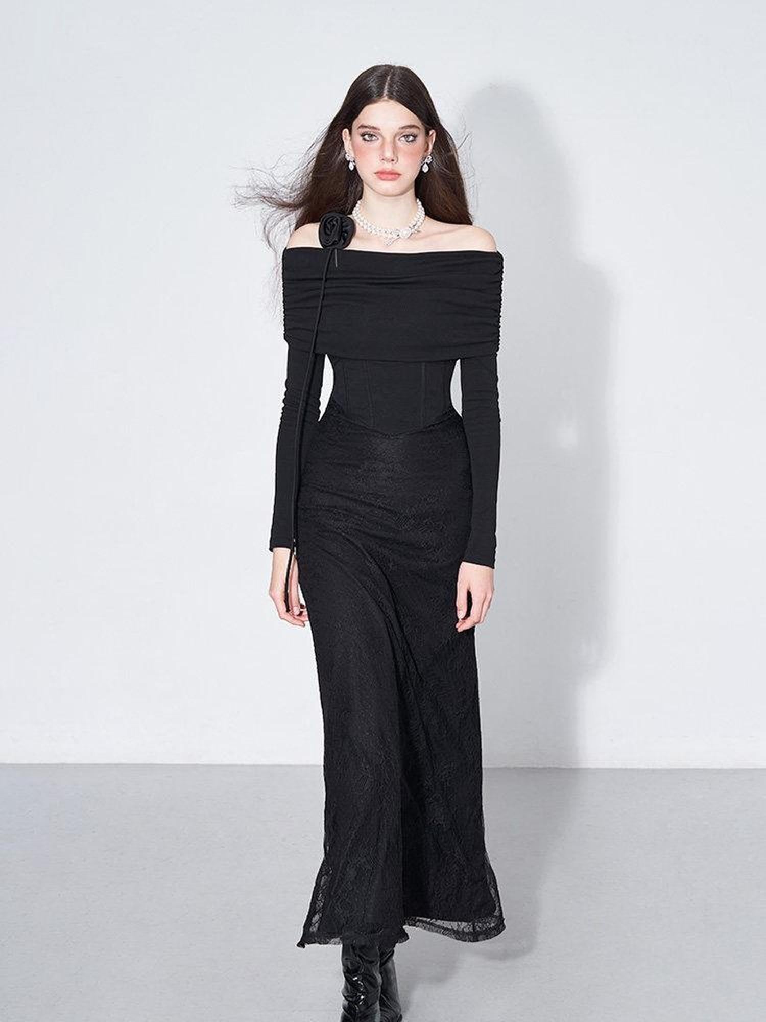 AFTADAWN Black Lace Boned V Waist One Shoulder Women&