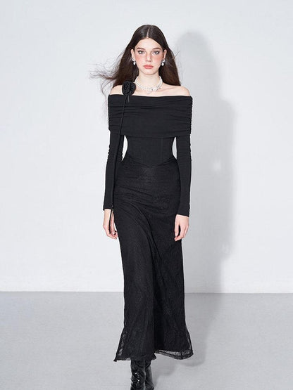 AFTADAWN Black Lace Boned V Waist One Shoulder Women&