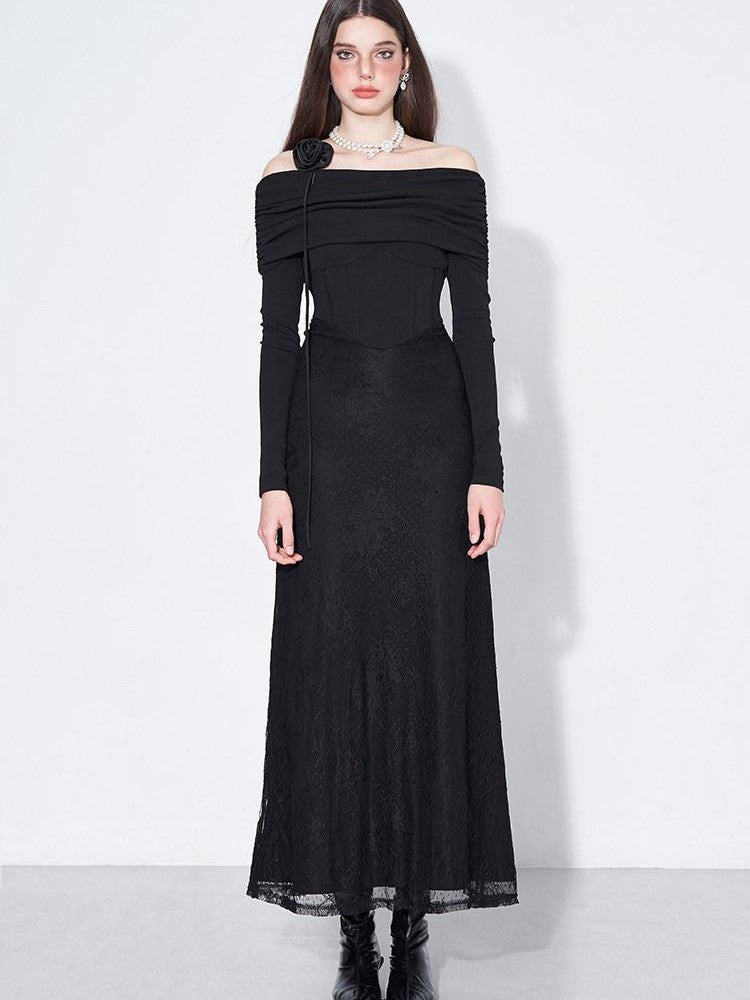 AFTADAWN Black Lace Boned V Waist One Shoulder Women&