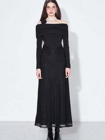 AFTADAWN Black Lace Boned V Waist One Shoulder Women&