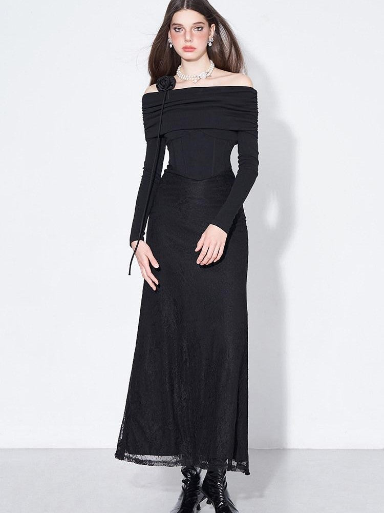 AFTADAWN Black Lace Boned V Waist One Shoulder Women&