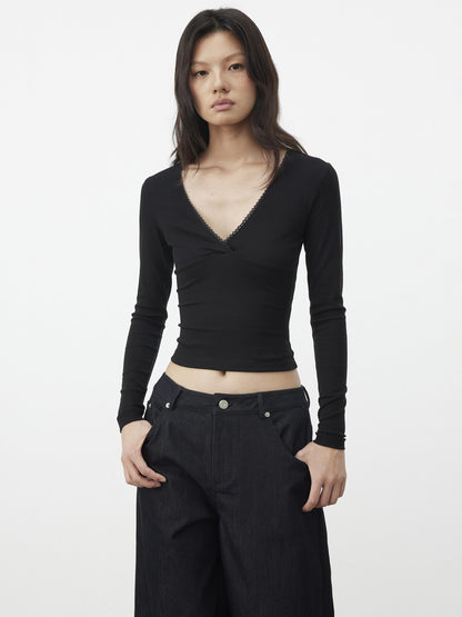 AFTADAWN Black Lace Crossed Deep V Split Slim Women&
