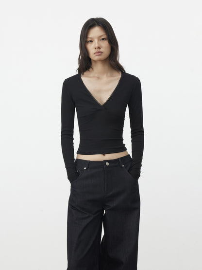 AFTADAWN Black Lace Crossed Deep V Split Slim Women&