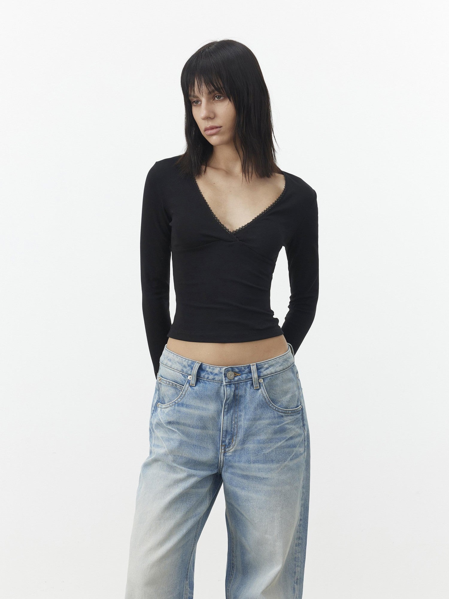 AFTADAWN Black Lace Crossed Deep V Split Slim Women&