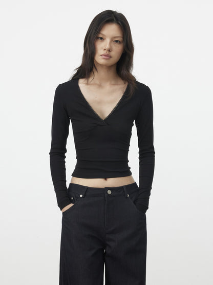 AFTADAWN Black Lace Crossed Deep V Split Slim Women&
