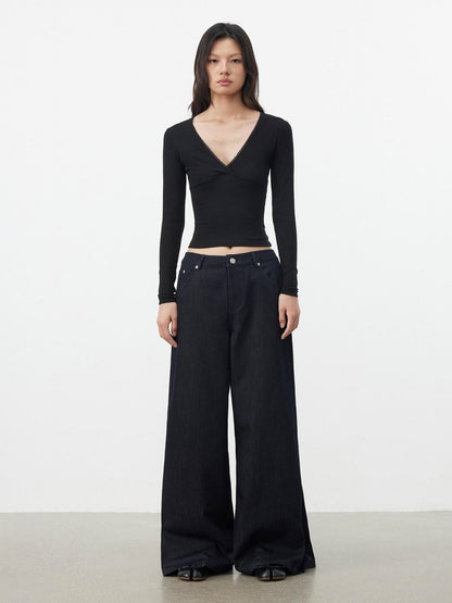 AFTADAWN Black Lace Crossed Deep V Split Slim Women&