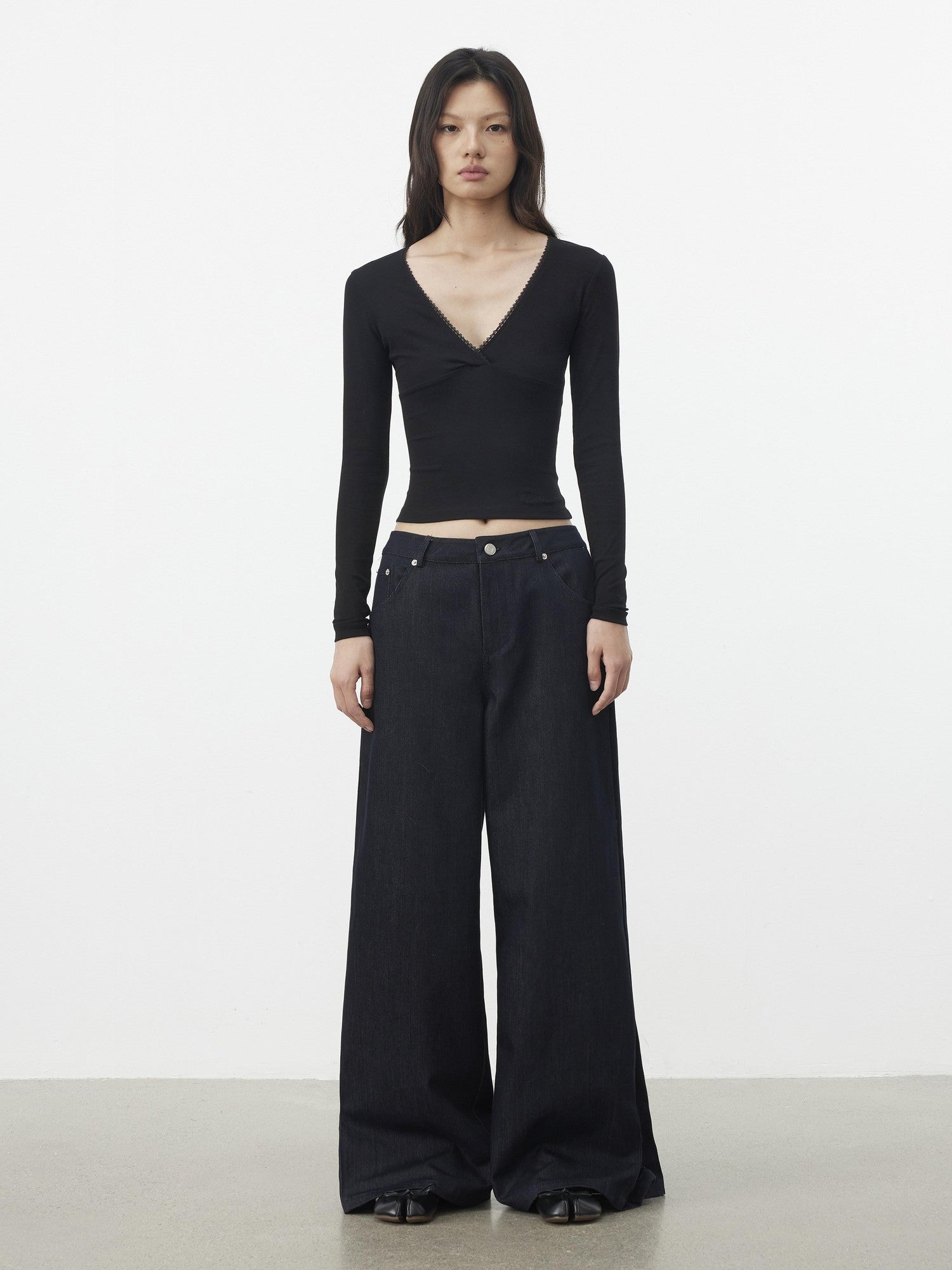 AFTADAWN Black Lace Crossed Deep V Split Slim Women&