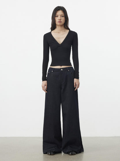 AFTADAWN Black Lace Crossed Deep V Split Slim Women&