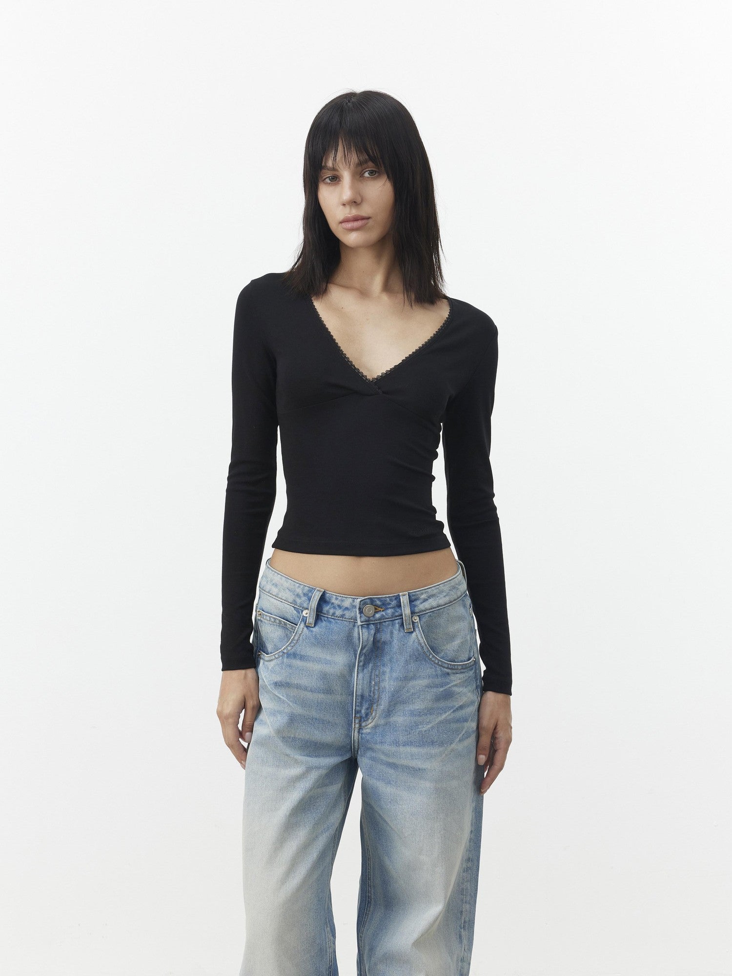 AFTADAWN Black Lace Crossed Deep V Split Slim Women&