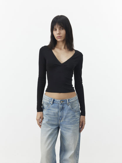 AFTADAWN Black Lace Crossed Deep V Split Slim Women&