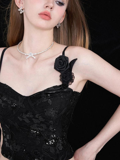 Black Lace Sequin Camisole With 3D Roses And V Waist Skirt Set